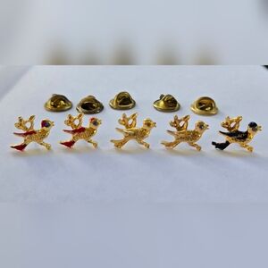 Lot of 5 Vintage Bird Pins Gold w/ Rhinestone Eyes